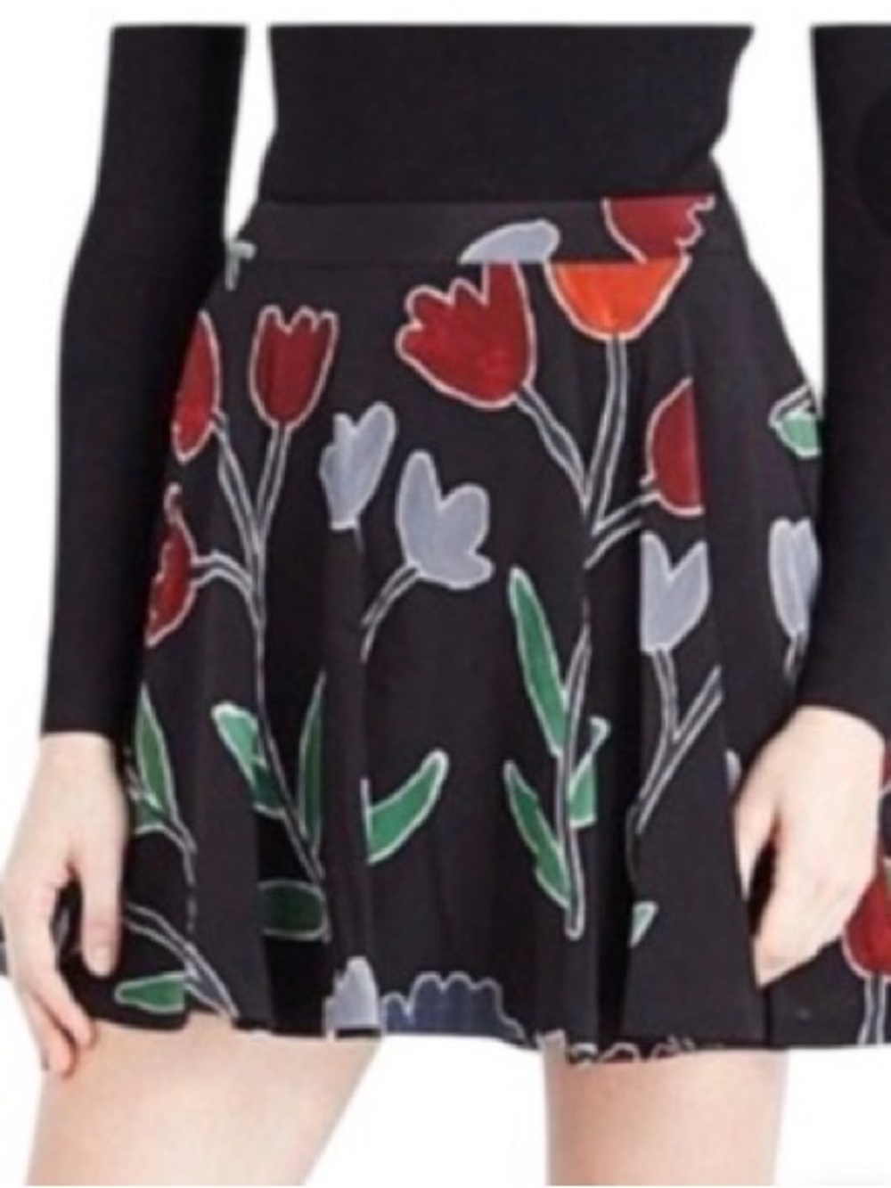 Alice + Olivia Black Skater Skirt with Red Tulips